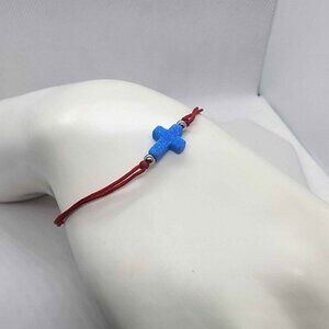 Fire Blue Opal Cross on Red Adjustable String Bracelet
